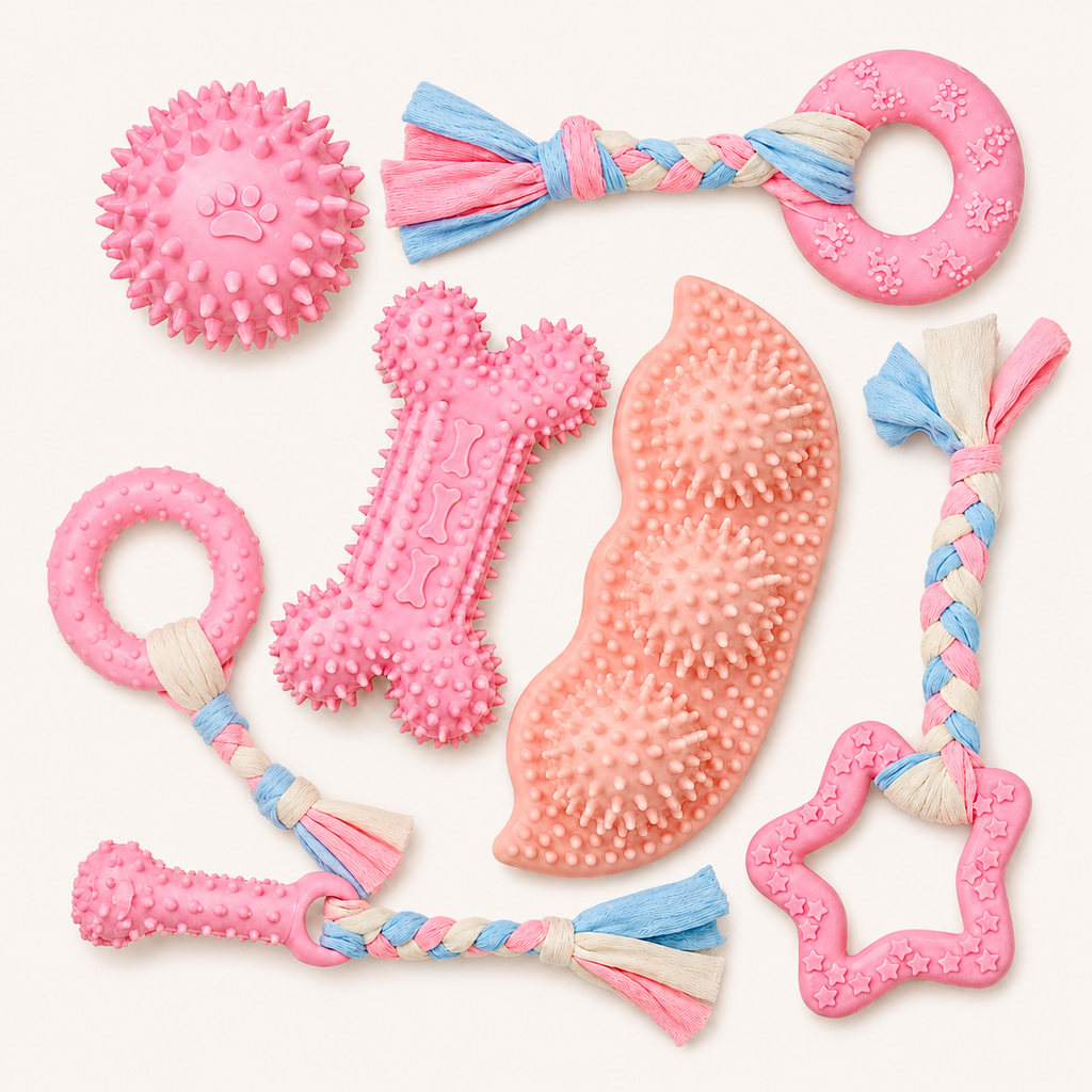 Pink Dog Toy Set — Soft Rubber Chew Toys for Small & Medium Dogs